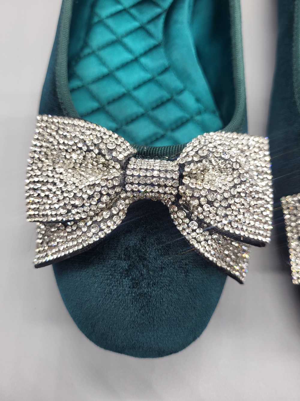 Birdies Teal Velvet Flats with Crystal Bow - Picture 4 of 14